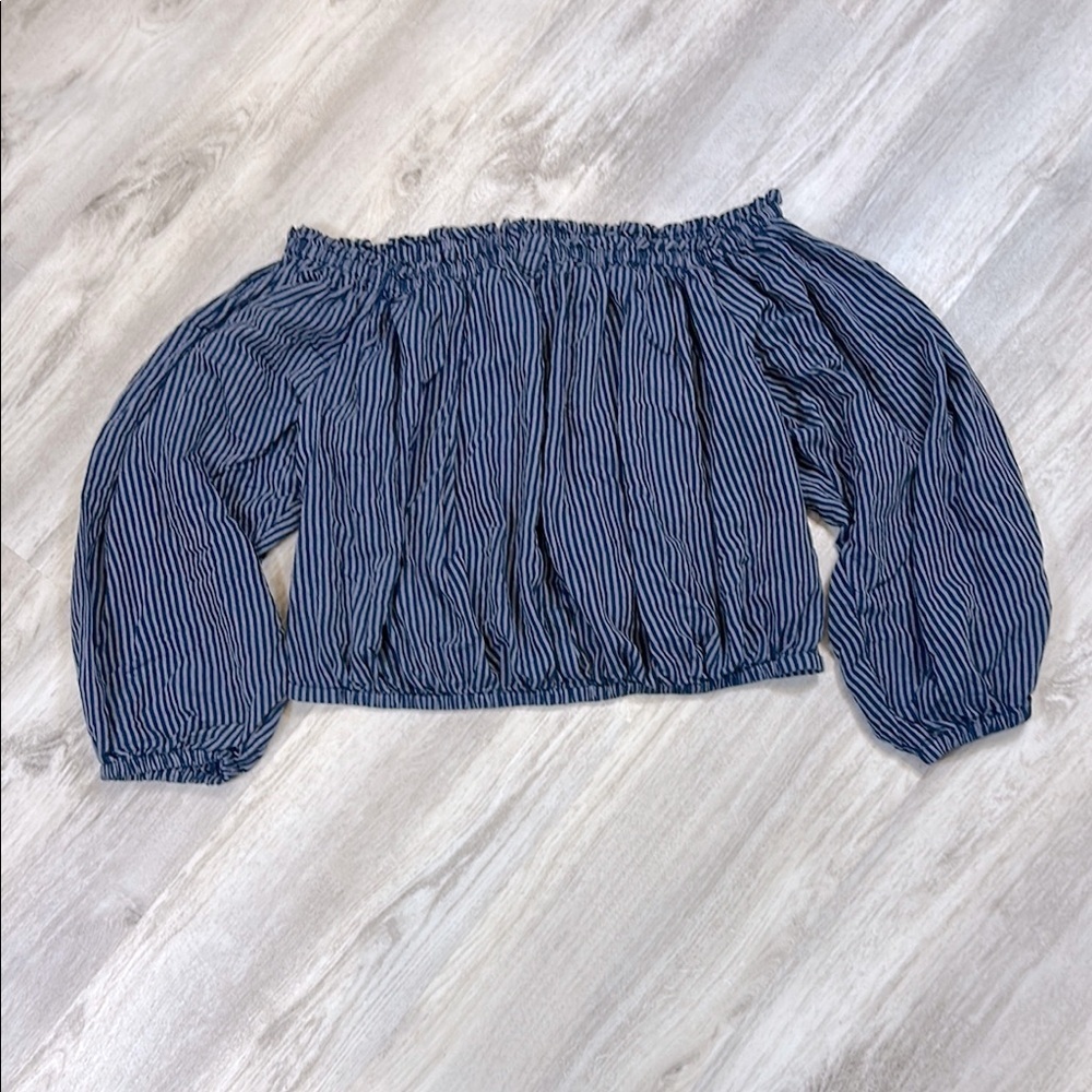 Rag &‎ Bone Navy Blue Mimi Striped Linen Blend Off The Shoulder Peasant Blouse M